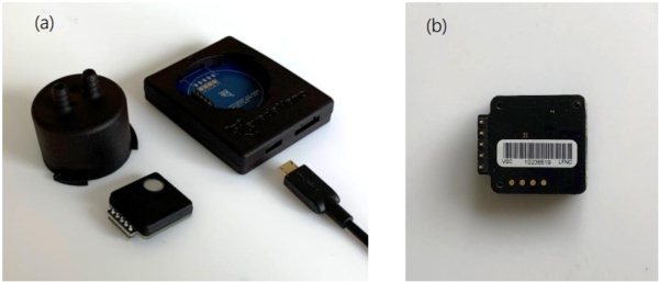 Image of the MPS™ Mini Evaluation Kit and Sensor. (a) Components shown include the MPS™ Mini Sensor, evaluation board with micro-USB connector, and 3D-printed housing. (b) Bottom view of the MPS™ Mini Sensor showing the barcode and pin interface.