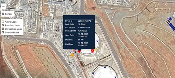 Emission details on MethaneTrack™ platform specifying location, volume and duration of leak