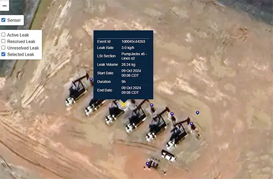 Emission details on MethaneTrack™ platform specifying location, volume, and duration of leak