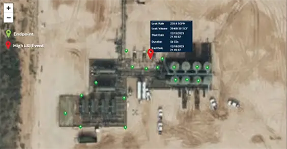 MethaneTrack™ LSI alert displaying emission duration, rate, location and volume.