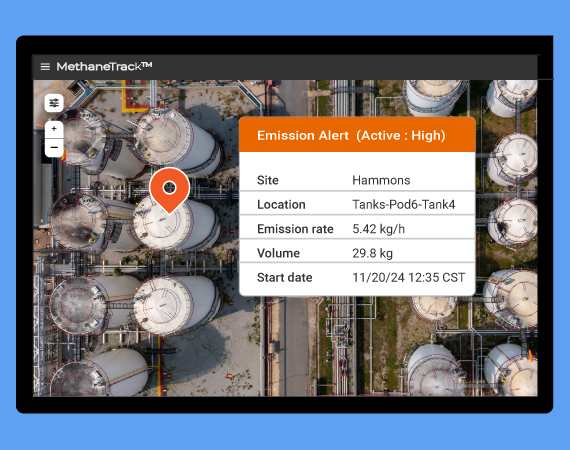 MethaneTrack UI Showing Emissions Alert