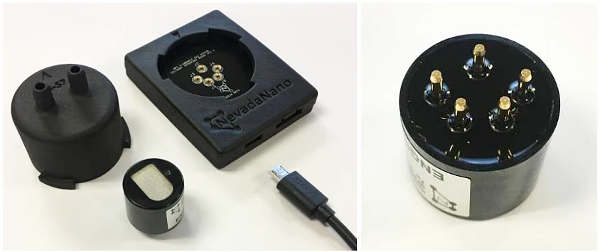 NevadaNano MPS™ Flammable Gas Sensor Evaluation Kit, including sensor, adapter cap, USB cable, and interface board