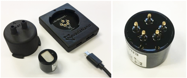 NevadaNano MPS™ Flammable Gas Sensor Evaluation Kit, including sensor, adapter cap, USB cable, and interface board