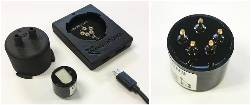 NevadaNano MPS™ Flammable Gas Sensor Evaluation Kit, including sensor, adapter cap, USB cable, and interface board